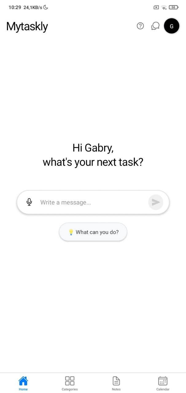 Schermata home di MyTaskly con chat AI