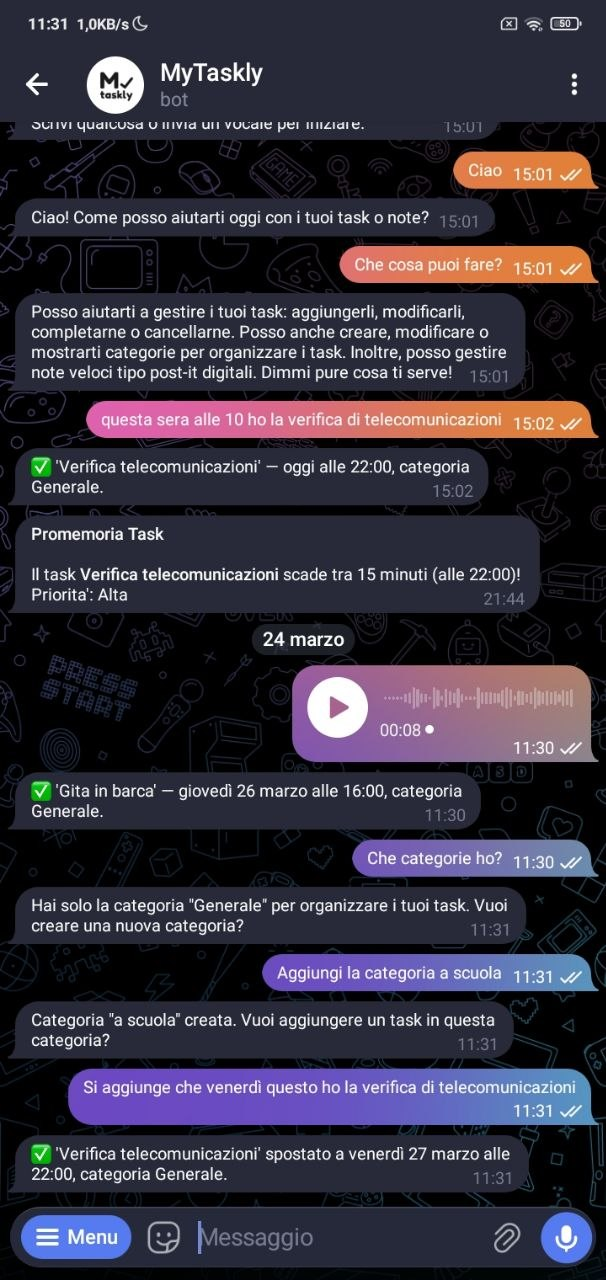 Conversazione con il bot Telegram di MyTaskly